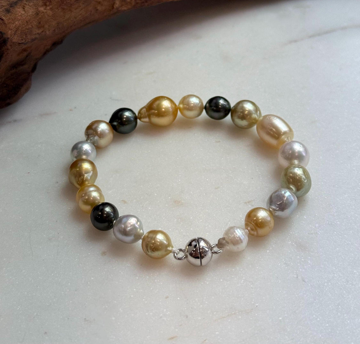 Elly’s Multicolor Ocean Pearls Bracelet: 18pcs South Sea Golden White Tahitian Akoya Pearls, Extreme luster, 7.2-10.4mm, 7.7” knotted