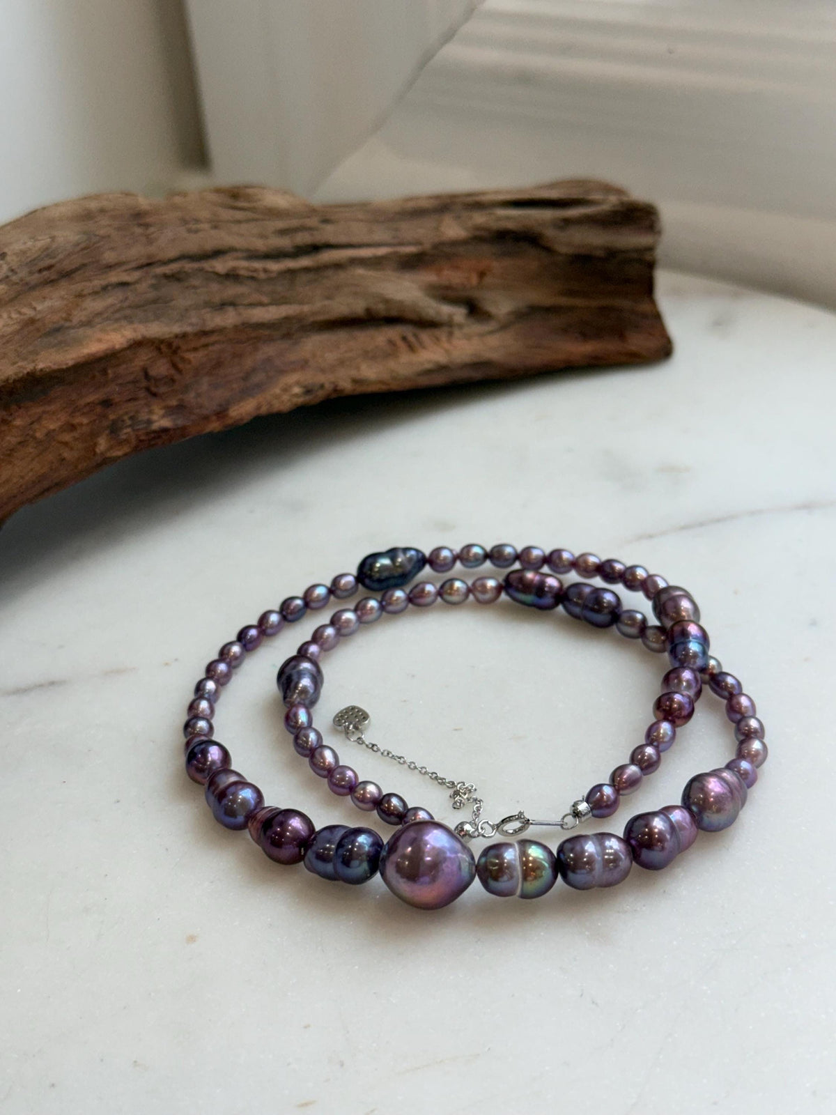 Elly’s 4.6-8.3mm Purple Pearls Necklace Strand: Extreme luster mirrored, 19.7”, S925 silver necklace.