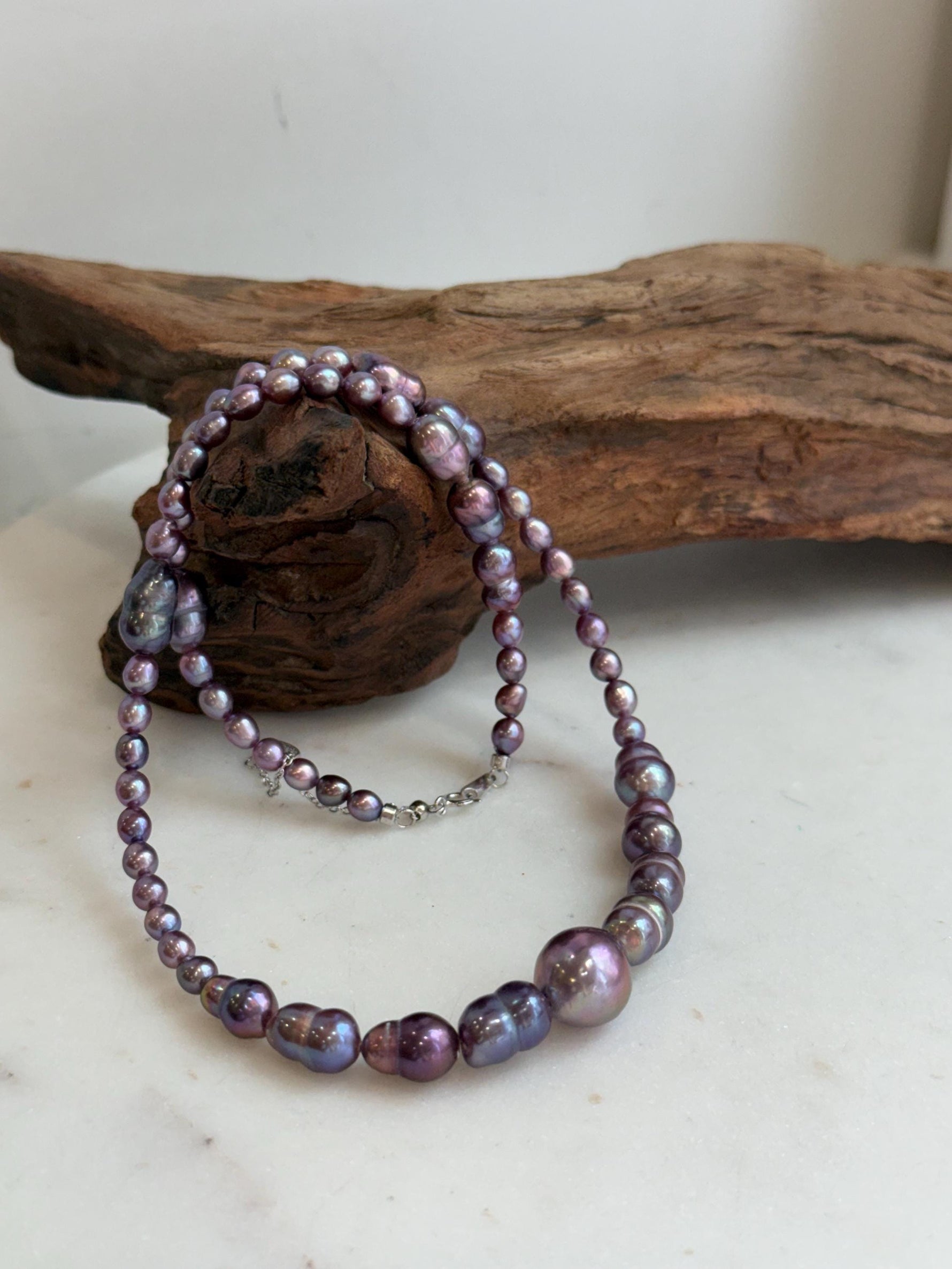 Elly’s 4.6-8.3mm Purple Pearls Necklace Strand: Extreme luster mirrored, 19.7”, S925 silver necklace.