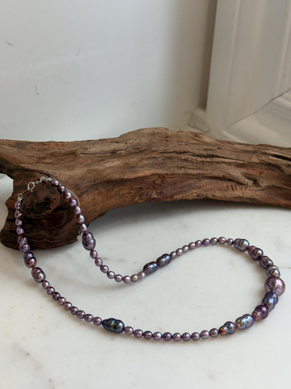 Elly’s 4.6-8.3mm Purple Pearls Necklace Strand: Extreme luster mirrored, 19.7”, S925 silver necklace.