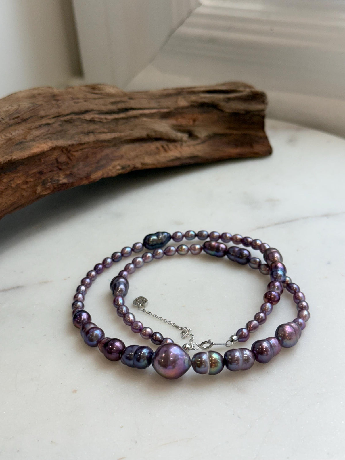 Elly’s 4.6-8.3mm Purple Pearls Necklace Strand: Extreme luster mirrored, 19.7”, S925 silver necklace.
