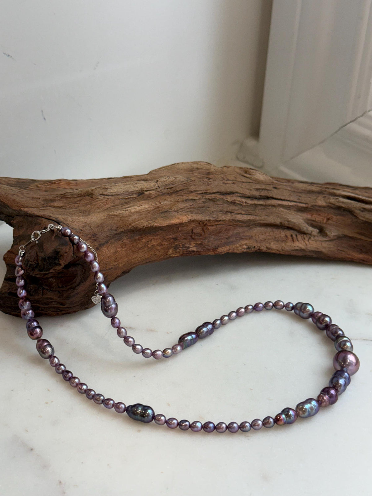 Elly’s 4.6-8.3mm Purple Pearls Necklace Strand: Extreme luster mirrored, 19.7”, S925 silver necklace.