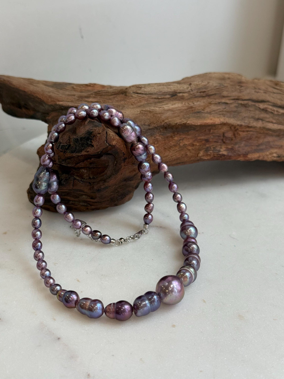 Elly’s 4.6-8.3mm Purple Pearls Necklace Strand: Extreme luster mirrored, 19.7”, S925 silver necklace.