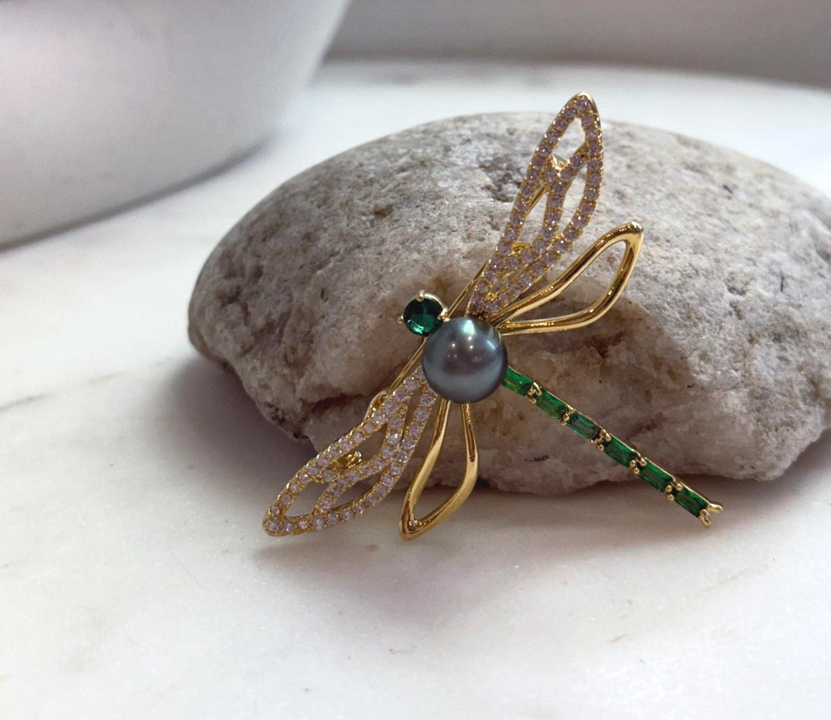 Elly’s 9.6mm Tahitian platinum hunter Ocean dragonfly Brooch Pendant 2in1: Extreme Luster mirrored, 6.2x4.5cm