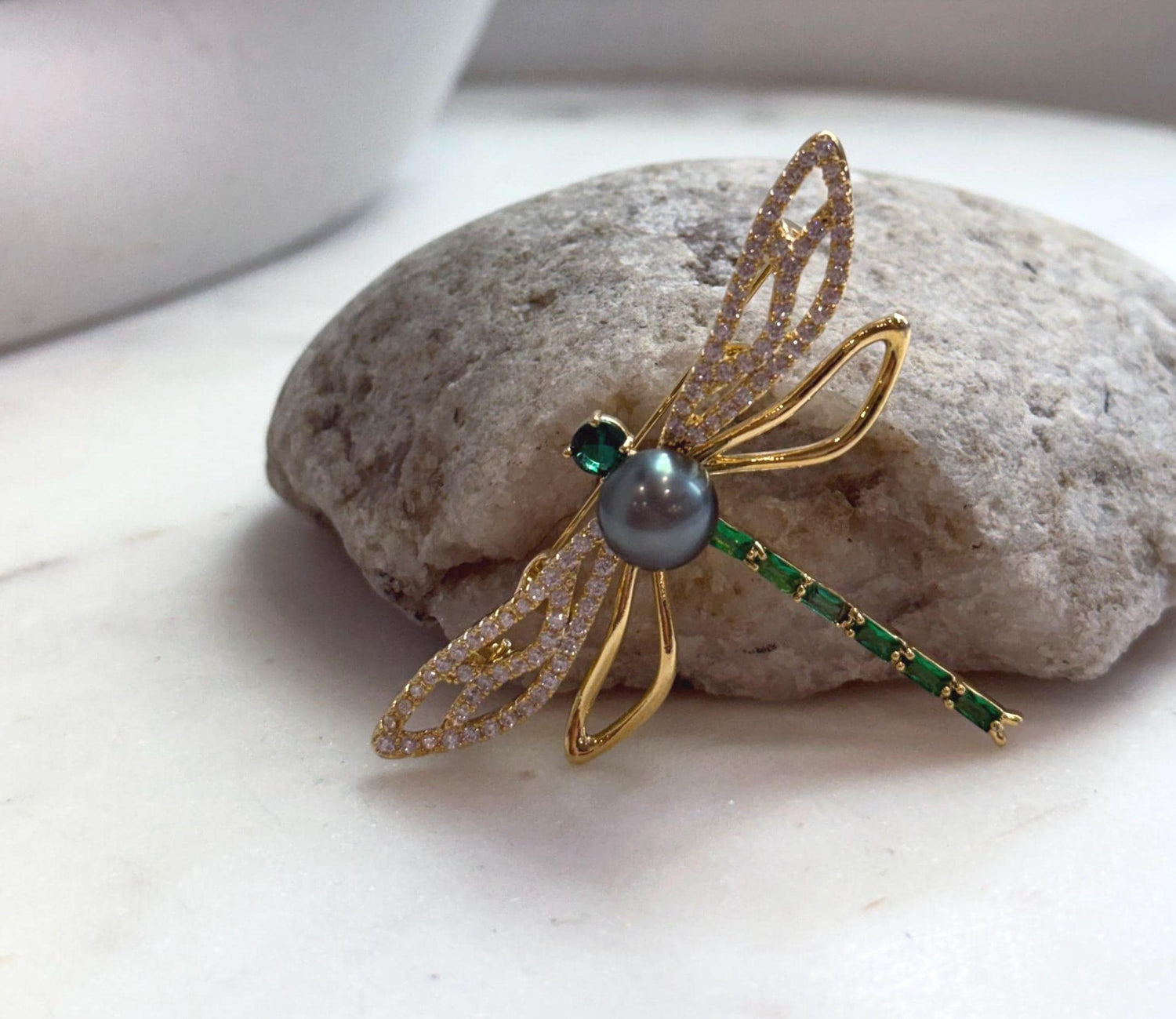 Elly’s 9.6mm Tahitian platinum hunter Ocean dragonfly Brooch Pendant 2in1: Extreme Luster mirrored, 6.2x4.5cm