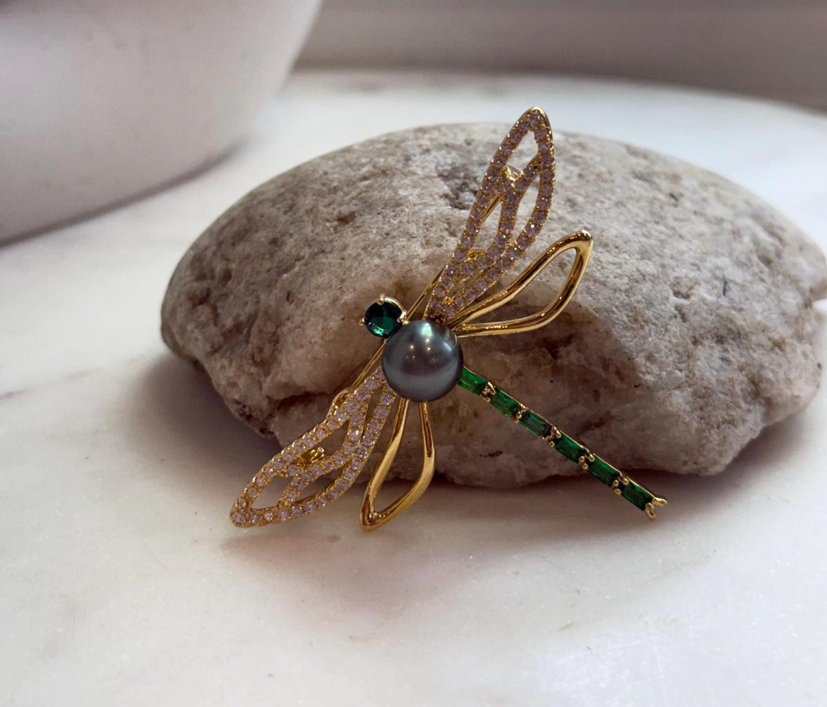 Elly’s 9.6mm Tahitian platinum hunter Ocean dragonfly Brooch Pendant 2in1: Extreme Luster mirrored, 6.2x4.5cm