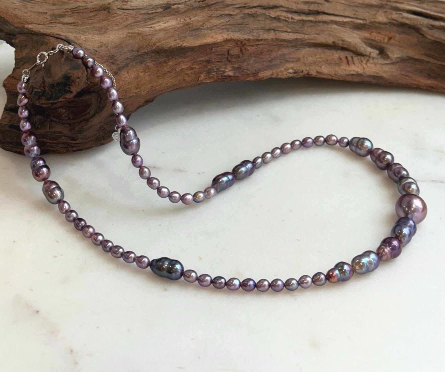 Elly’s 4.6-8.3mm Purple Pearls Necklace Strand: Extreme luster mirrored, 19.7”, S925 silver necklace.
