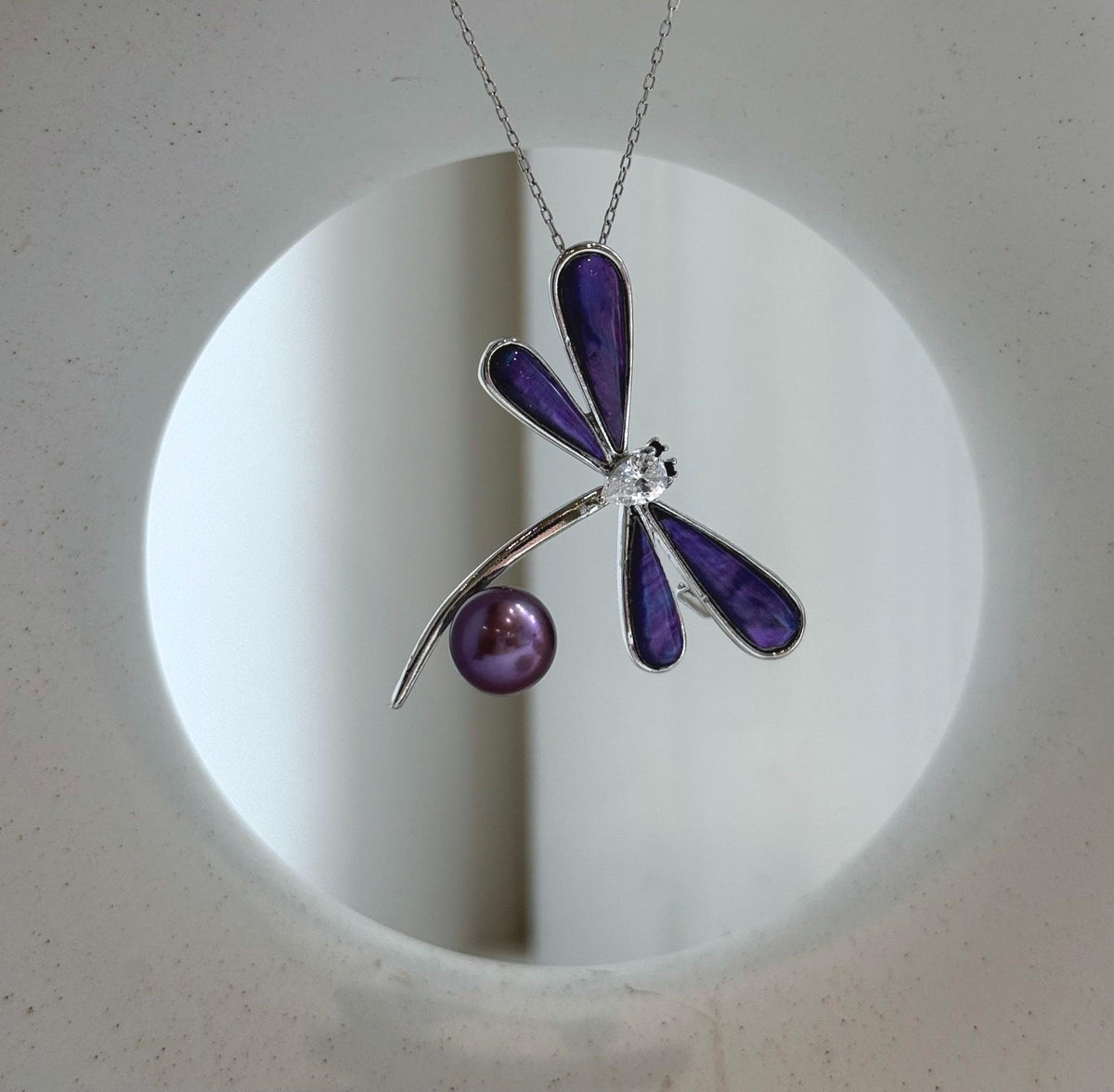 Elly’s purple Pearl Dragonfly Brooch pendant 2in1: Extreme luster mirrored, 8.8mm