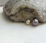 Elly’s Double Au750 18k Gold 7.8-10.7mm Akoya Ocean Edison Pearls Floating pendants:Extreme luster mirrored.