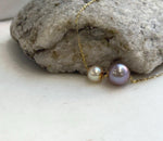 Elly’s Double Au750 18k Gold 7.8-10.7mm Akoya Ocean Edison Pearls Floating pendants:Extreme luster mirrored.