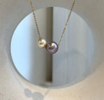 Elly’s Double Au750 18k Gold 7.8-10.7mm Akoya Ocean Edison Pearls Floating pendants:Extreme luster mirrored.