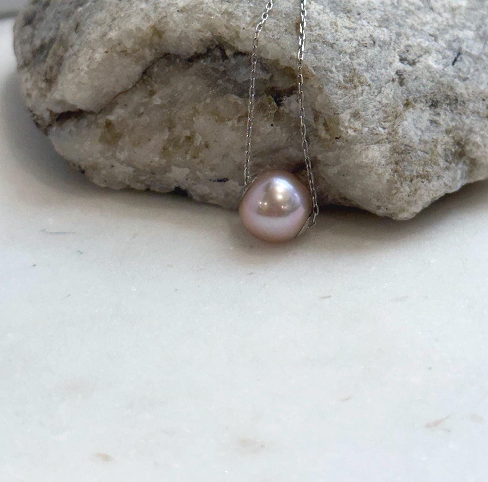Au750 18k White Gold 10.4mm Rose Edison Pearl Floating pendant: Extreme luster mirrored, S925 silver chain.