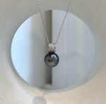 Elly’s 12.5mm Genius Tahitian black platinum Ocean Pearl Pendant: Extreme luster mirrored, 2cm high, S925 silver minimalist pendant.