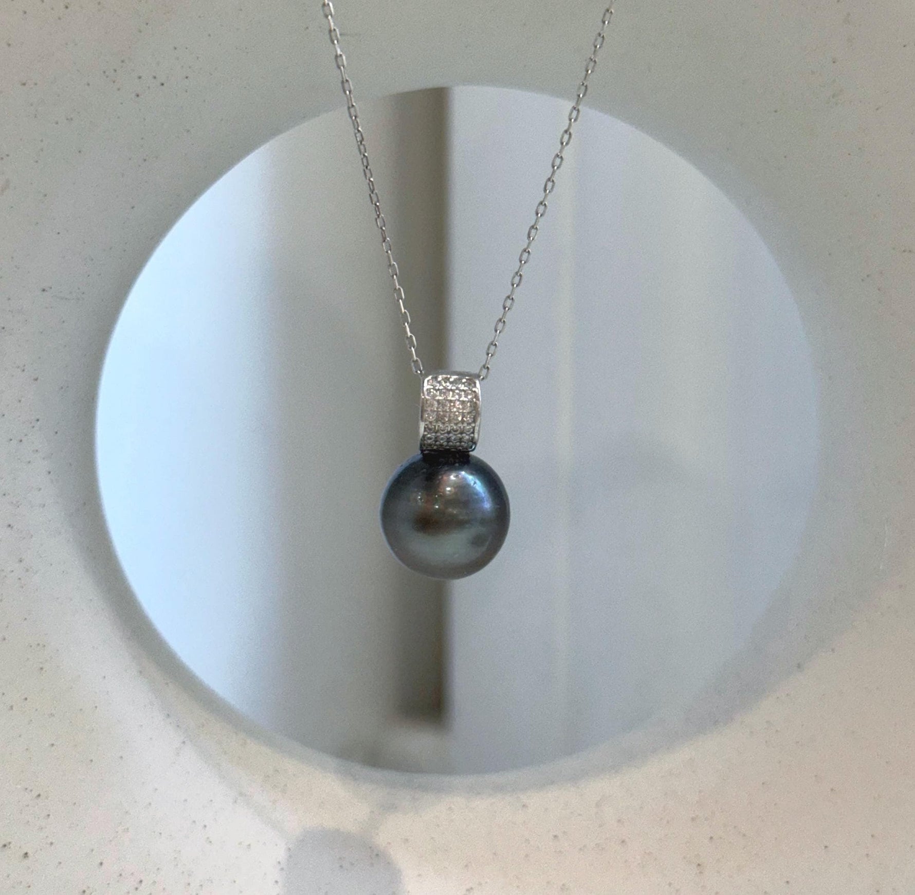 Elly’s 12.5mm Genius Tahitian black platinum Ocean Pearl Pendant: Extreme luster mirrored, 2cm high, S925 silver minimalist pendant.