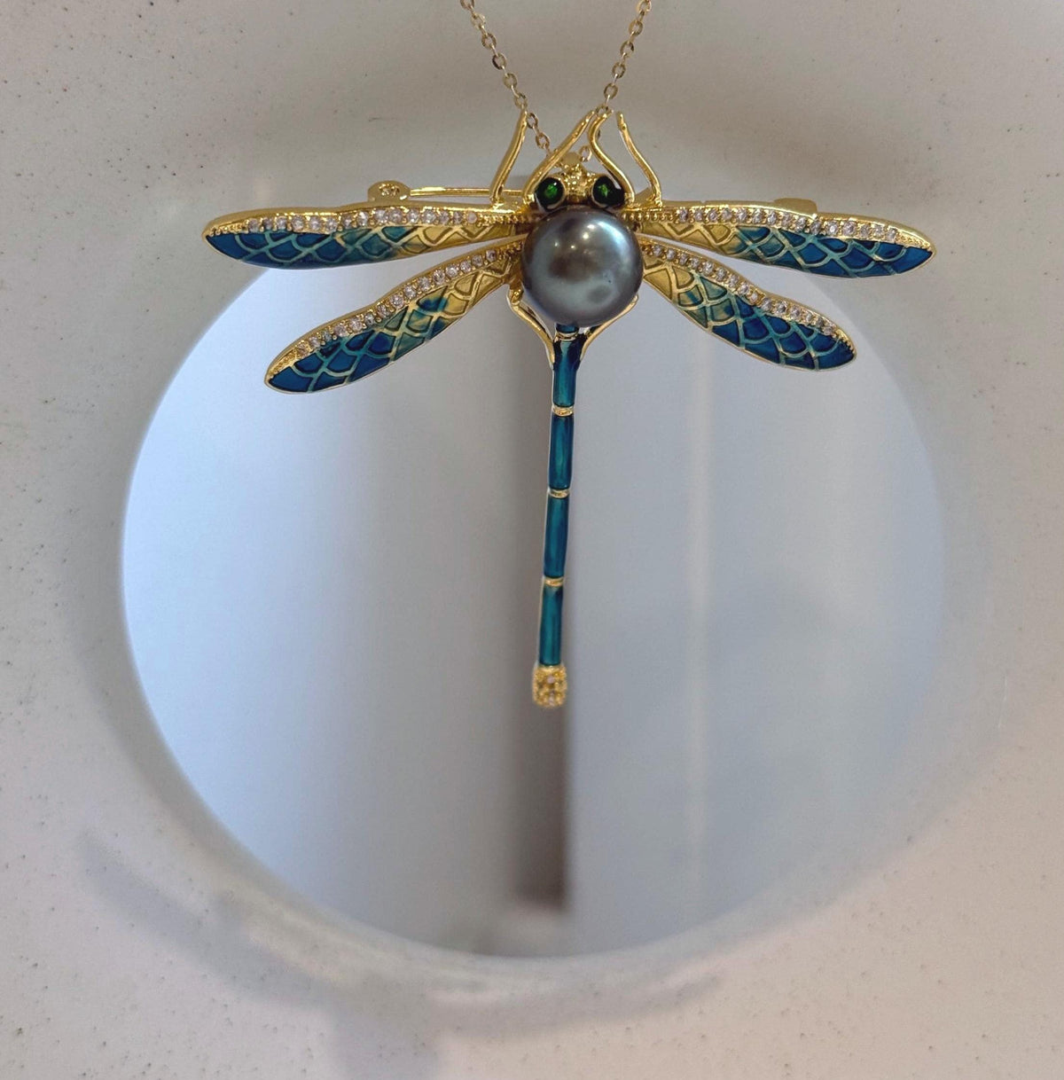 Elly’s 10mm Tahitian peacock green Ocean Dragonfly Brooch Pendant 2in1: Extreme Luster mirrored, 6x7.5cm