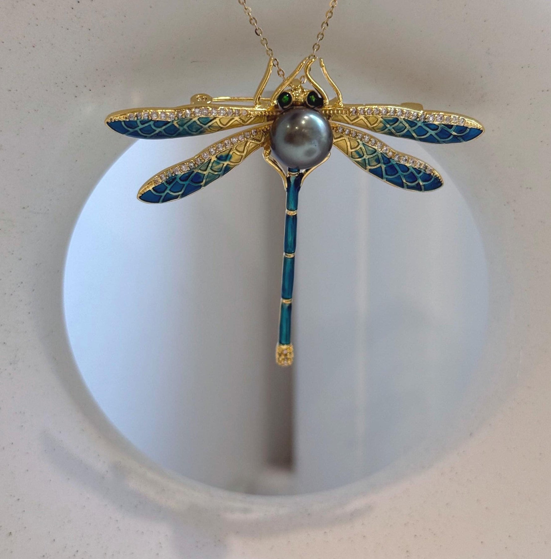 Elly’s 10mm Tahitian peacock green Ocean Dragonfly Brooch Pendant 2in1: Extreme Luster mirrored, 6x7.5cm
