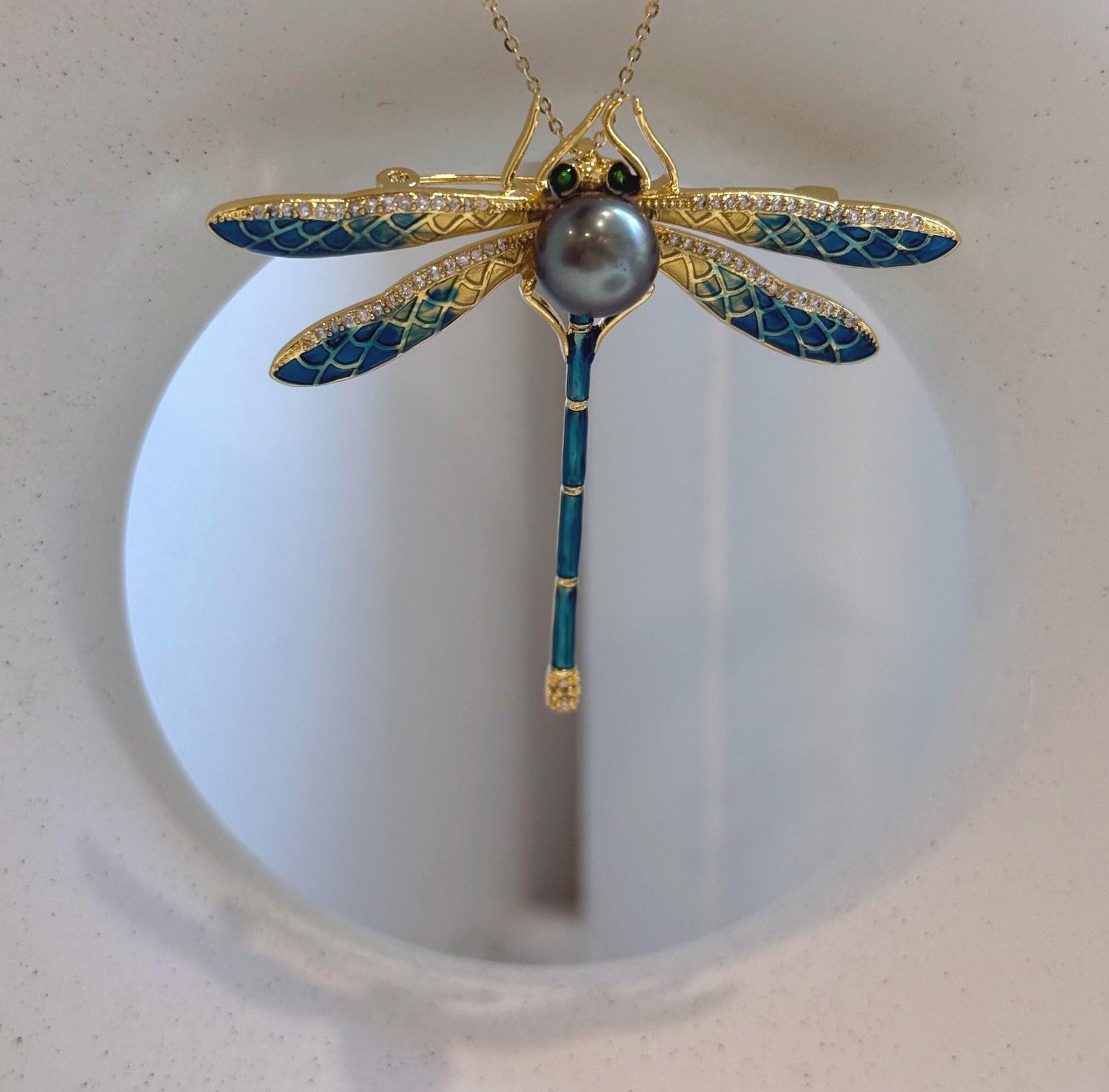 Elly’s 10mm Tahitian peacock green Ocean Dragonfly Brooch Pendant 2in1: Extreme Luster mirrored, 6x7.5cm