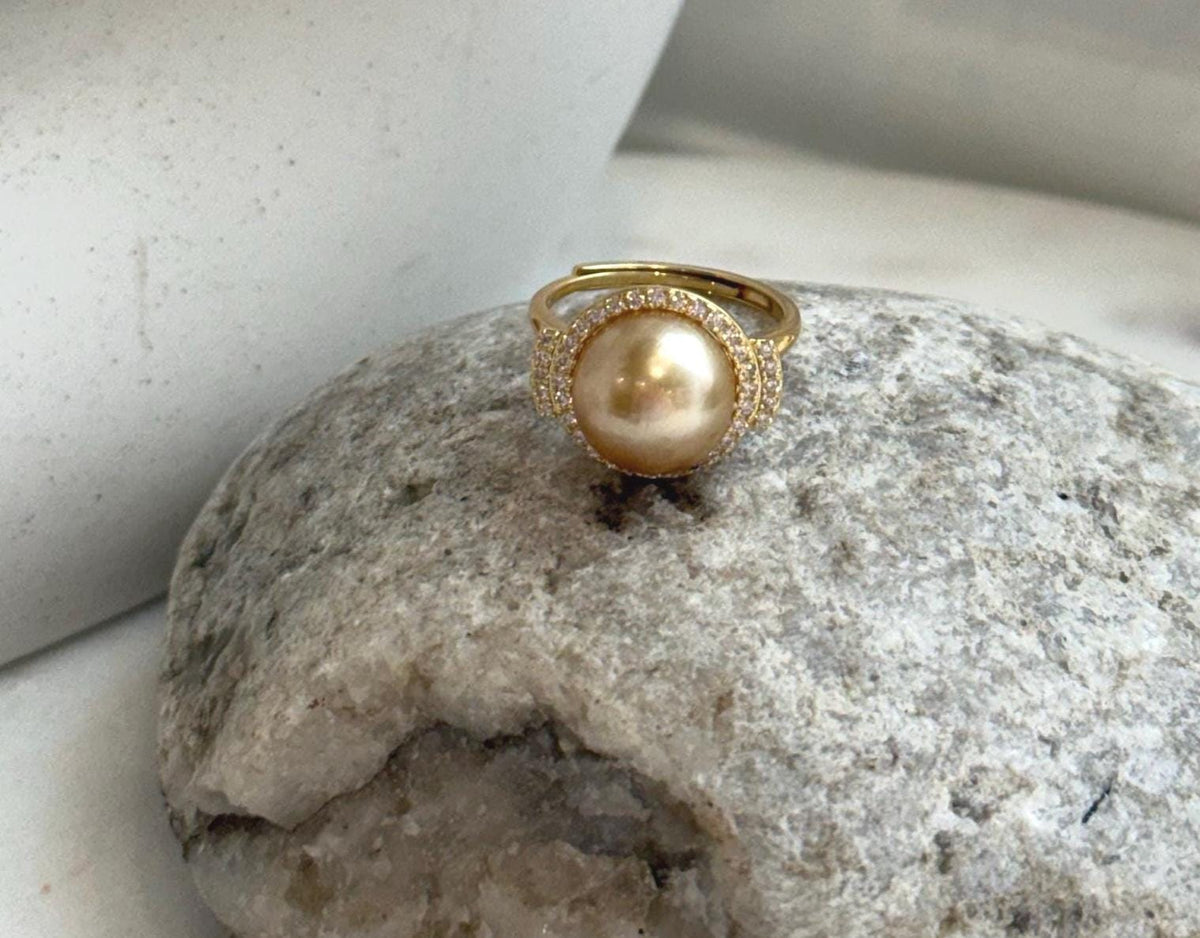 Elly’s 11mm South sea deep gold ocean pearl Ring: Extreme luster mirrored, S925 silver with gold plated adjustable Vintage Ring.