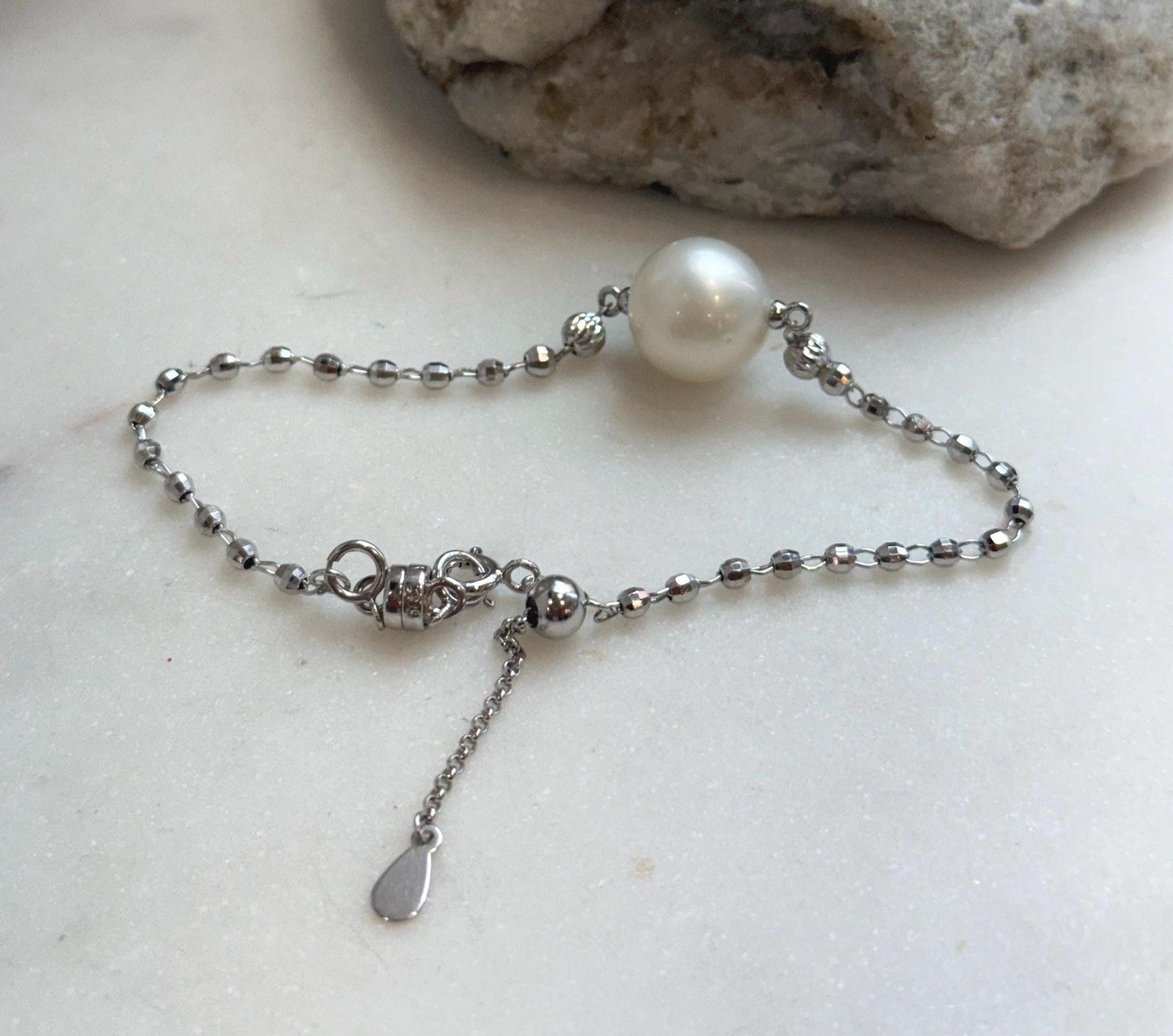 Elly’s 12.8mm Australian Ocean white Pearl bracelet: Extreme luster, to 8.5”, S925 silver adjustable bracelet.