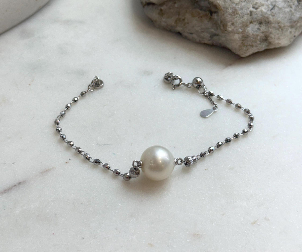 Elly’s 12.8mm Australian Ocean white Pearl bracelet: Extreme luster, to 8.5”, S925 silver adjustable bracelet.