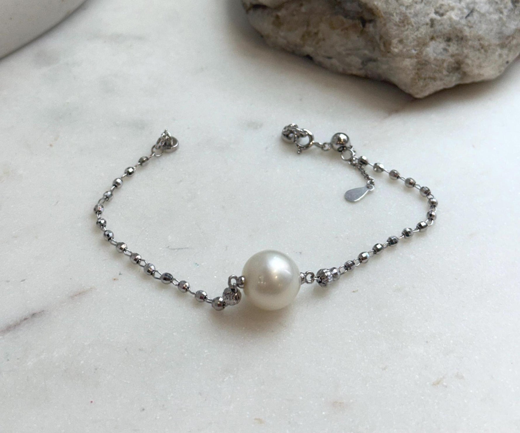 Elly’s 12.8mm Australian Ocean white Pearl bracelet: Extreme luster, to 8.5”, S925 silver adjustable bracelet.