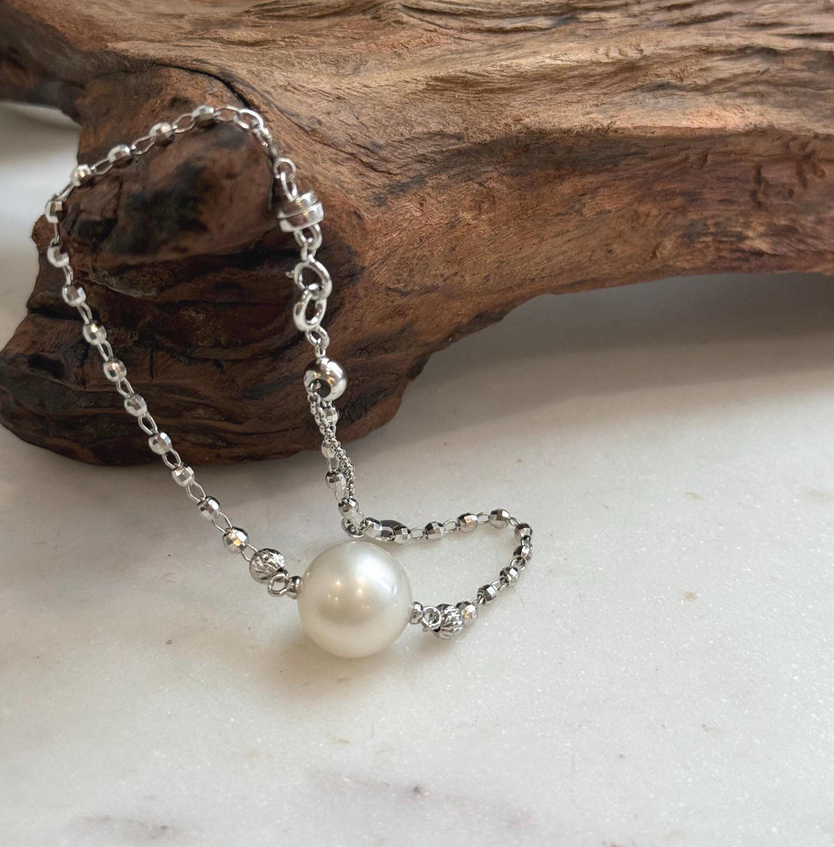 Elly’s 12.8mm Australian Ocean white Pearl bracelet: Extreme luster, to 8.5”, S925 silver adjustable bracelet.