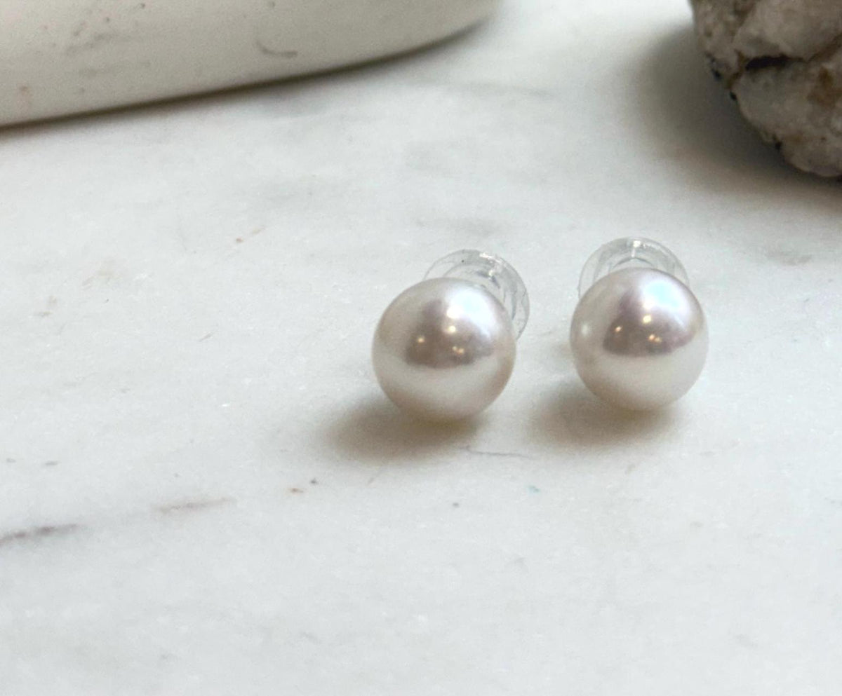Elly’s 11.7mm White Edison Pearls Earrings Studs: Extreme luster Mirrored, S925 silver minimalist earrings studs.