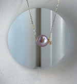 Elly’s Au750 18k Gold 13.3mm Edison rose Mauve Pearl Floating pendant:Extreme luster mirrored, S925 silver chain with little drop.