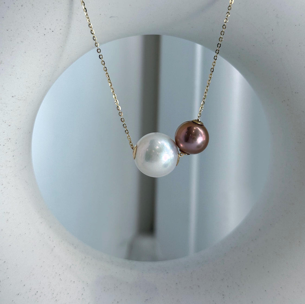 Elly’s Double Au750 18k Gold 10.1-13mm Edison Pearls Floating pendants:Extreme luster mirrored, S925 silver chain clips set.
