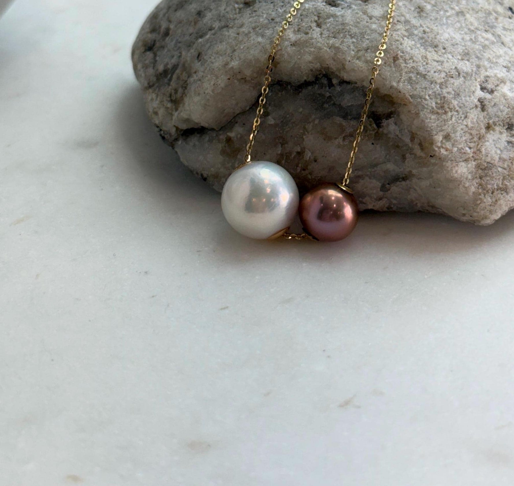 Elly’s Double Au750 18k Gold 10.1-13mm Edison Pearls Floating pendants:Extreme luster mirrored, S925 silver chain clips set.