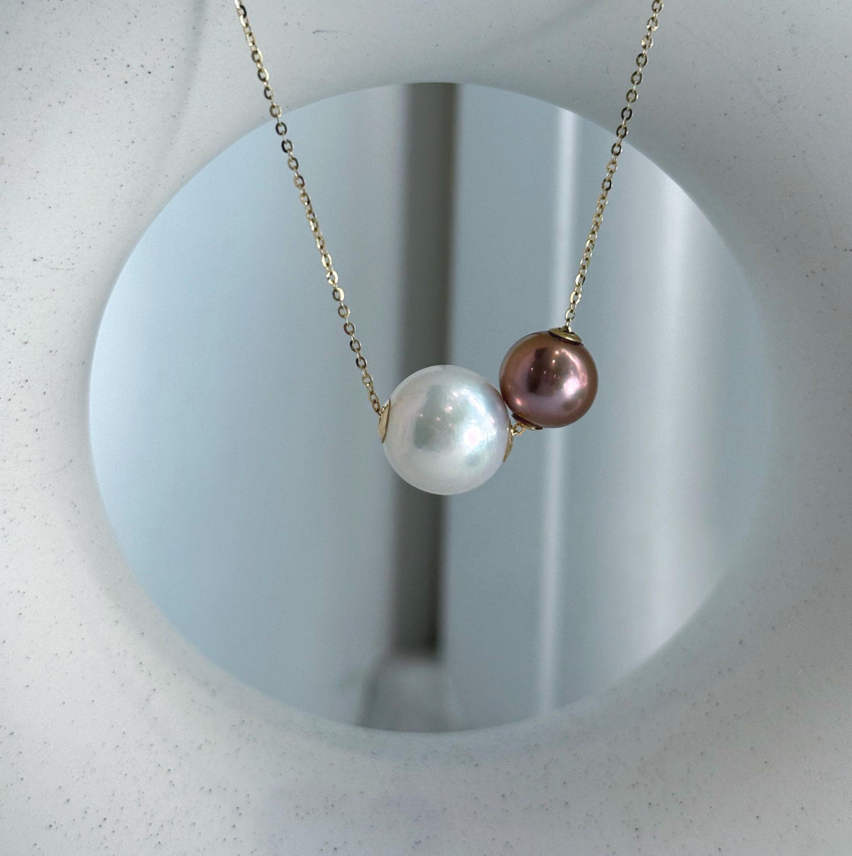 Elly’s Double Au750 18k Gold 10.1-13mm Edison Pearls Floating pendants:Extreme luster mirrored, S925 silver chain clips set.