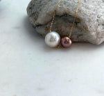 Elly’s Double Au750 18k Gold 10.1-13mm Edison Pearls Floating pendants:Extreme luster mirrored, S925 silver chain clips set.