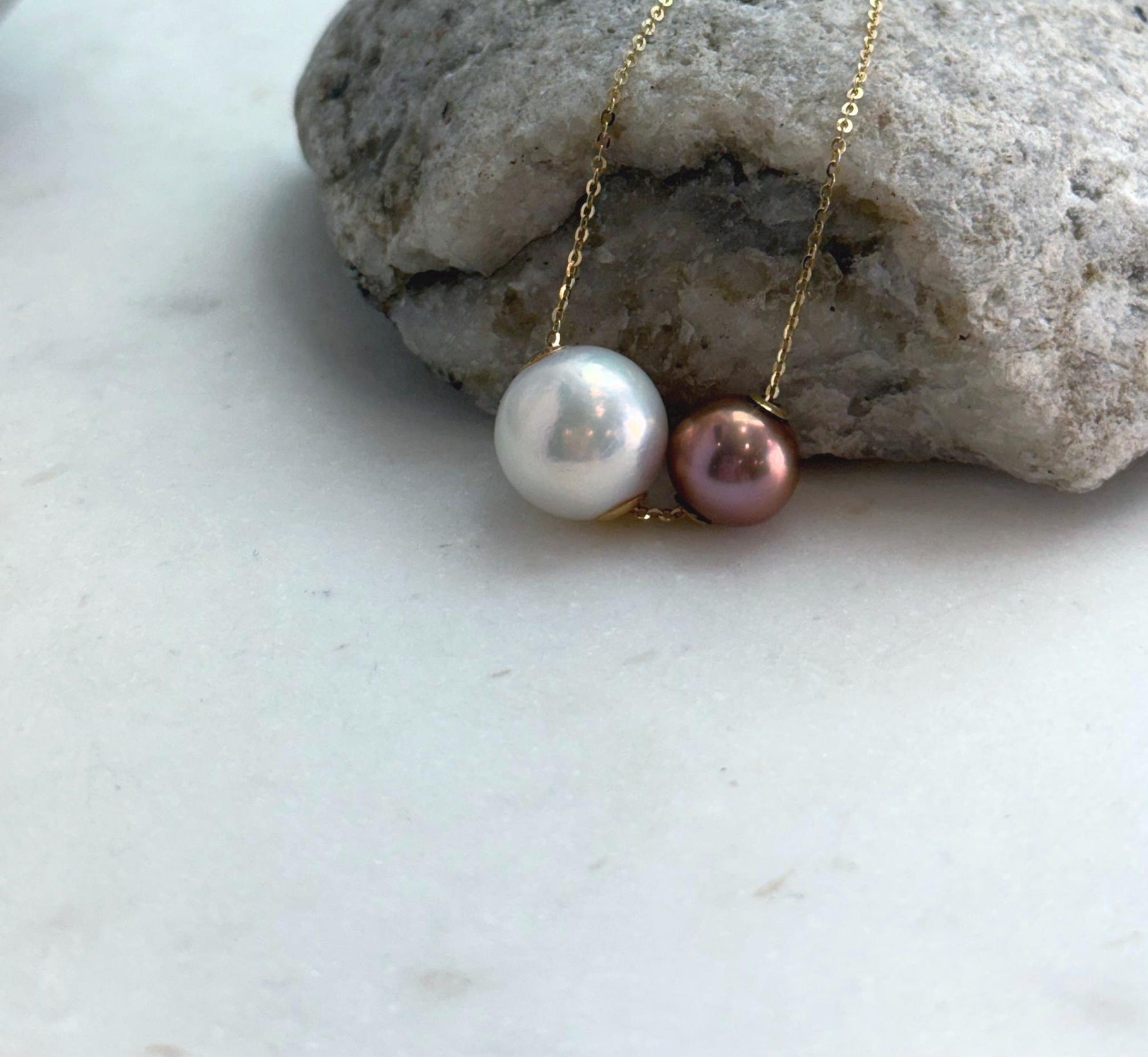 Elly’s Double Au750 18k Gold 10.1-13mm Edison Pearls Floating pendants:Extreme luster mirrored, S925 silver chain clips set.