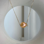 Elly’s Au750 18k Gold 11.2mm Edison Sunset peach gold Pearl Floating pendant:Extreme luster mirrored, S925 silver chain with little drop.