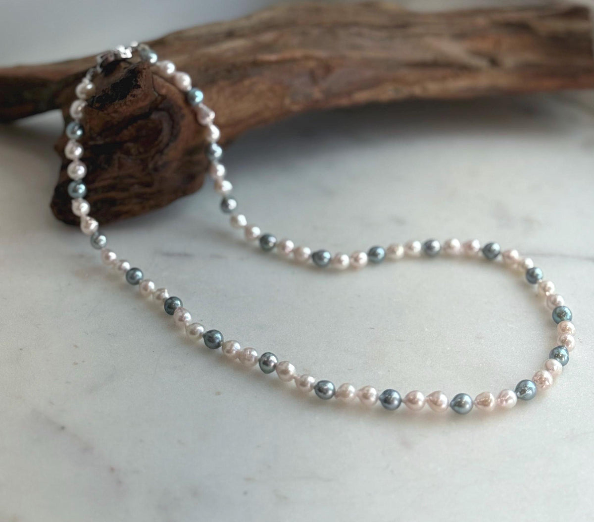 Elly’s 5.6-6.3mm Akoya Pink blue ocean pearls necklace:Extreme luster mirrored, knotted, 18.9”, S925 silver necklace strand.