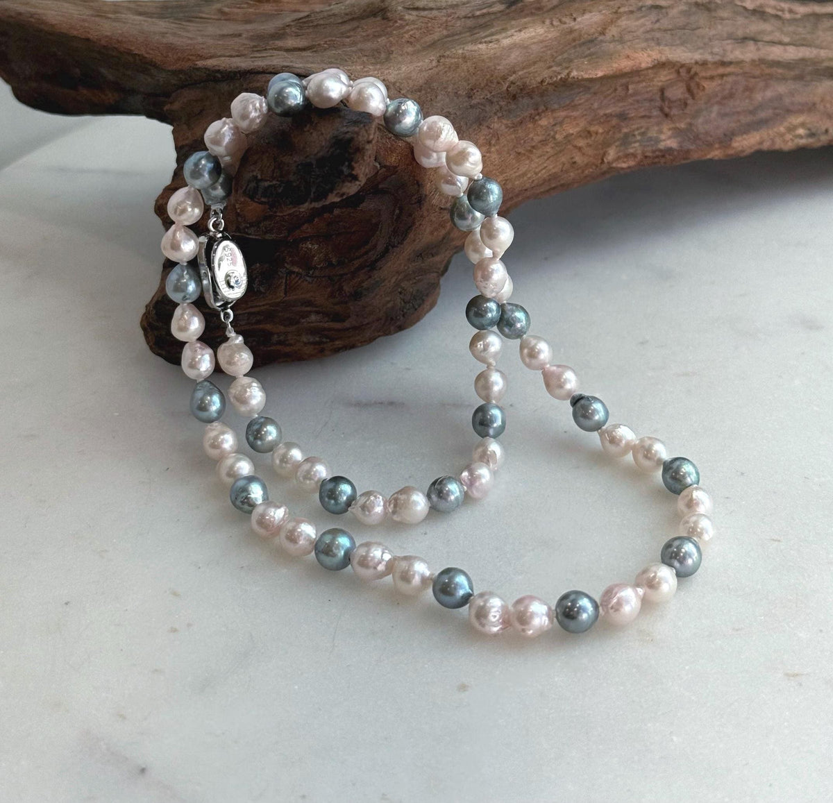 Elly’s 5.6-6.3mm Akoya Pink blue ocean pearls necklace:Extreme luster mirrored, knotted, 18.9”, S925 silver necklace strand.
