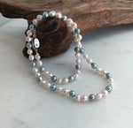 Elly’s 5.6-6.3mm Akoya Pink blue ocean pearls necklace:Extreme luster mirrored, knotted, 18.9”, S925 silver necklace strand.