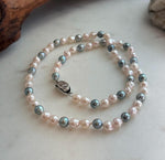 Elly’s 5.6-6.3mm Akoya Pink blue ocean pearls necklace:Extreme luster mirrored, knotted, 18.9”, S925 silver necklace strand.