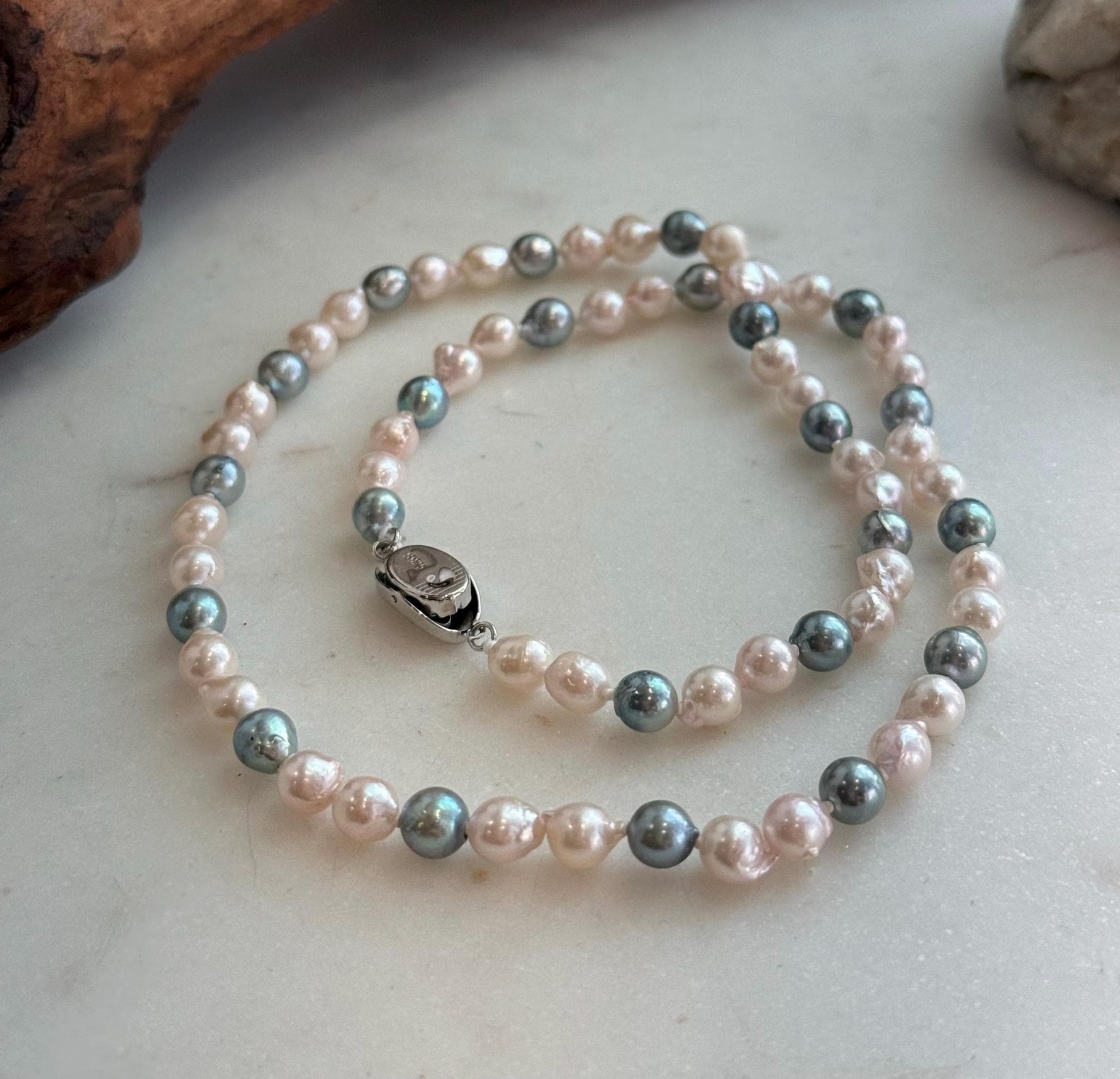 Elly’s 5.6-6.3mm Akoya Pink blue ocean pearls necklace:Extreme luster mirrored, knotted, 18.9”, S925 silver necklace strand.