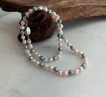 Elly’s 5.6-6.3mm Akoya Pink blue ocean pearls necklace:Extreme luster mirrored, knotted, 18.9”, S925 silver necklace strand.