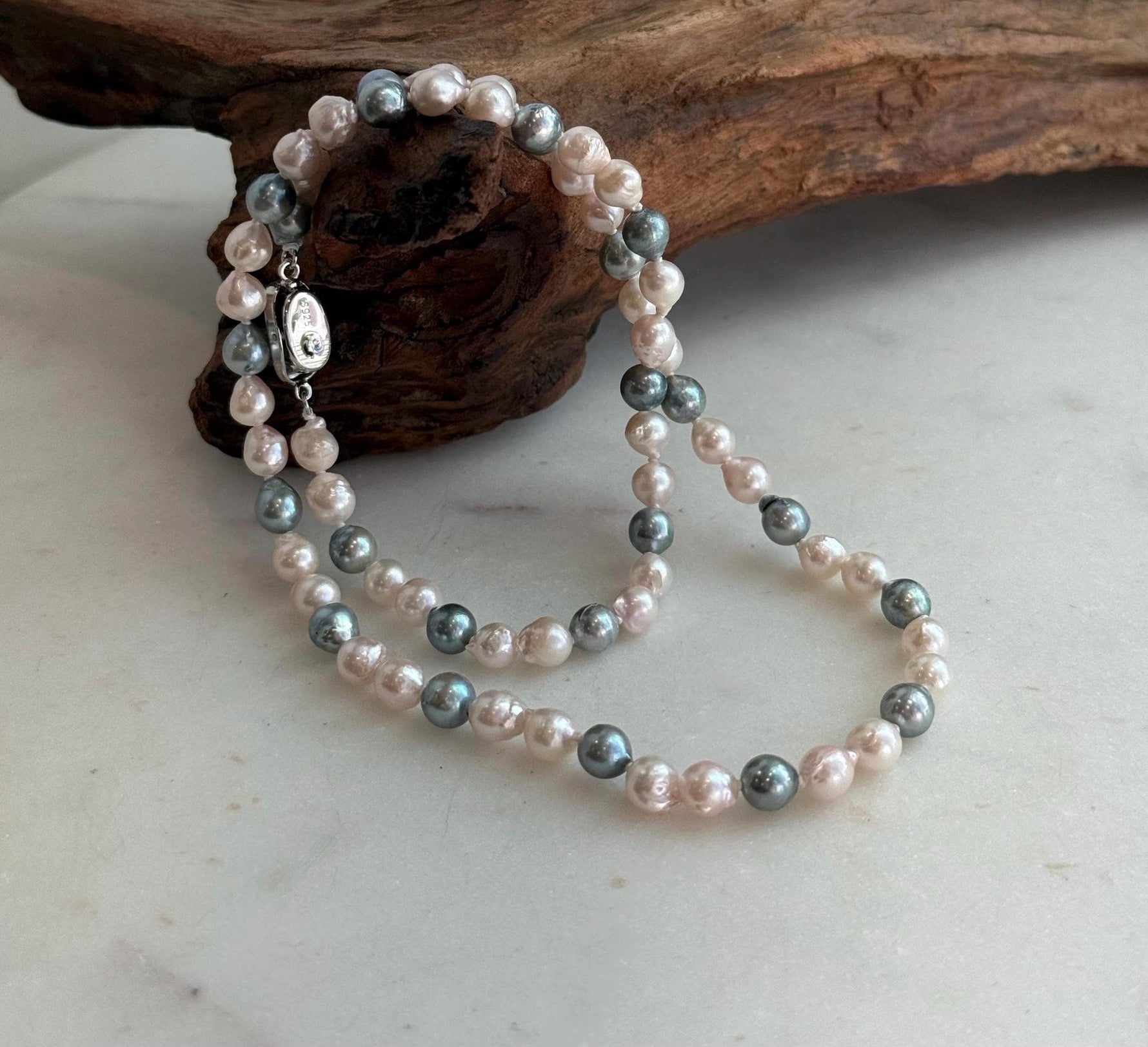 Elly’s 5.6-6.3mm Akoya Pink blue ocean pearls necklace:Extreme luster mirrored, knotted, 18.9”, S925 silver necklace strand.