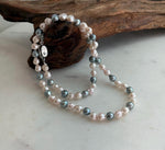Elly’s 5.6-6.3mm Akoya Pink blue ocean pearls necklace:Extreme luster mirrored, knotted, 18.9”, S925 silver necklace strand.