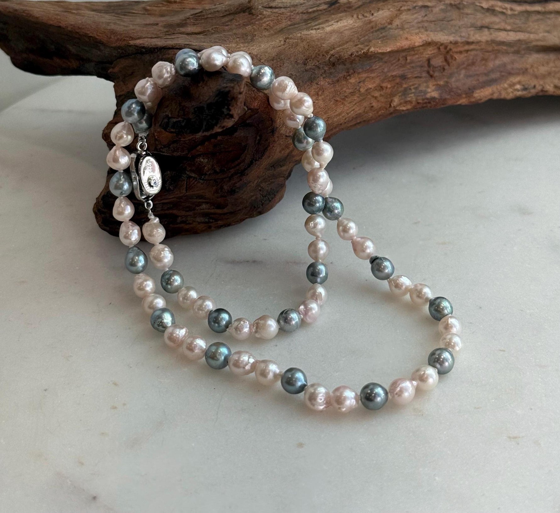 Elly’s 5.6-6.3mm Akoya Pink blue ocean pearls necklace:Extreme luster mirrored, knotted, 18.9”, S925 silver necklace strand.