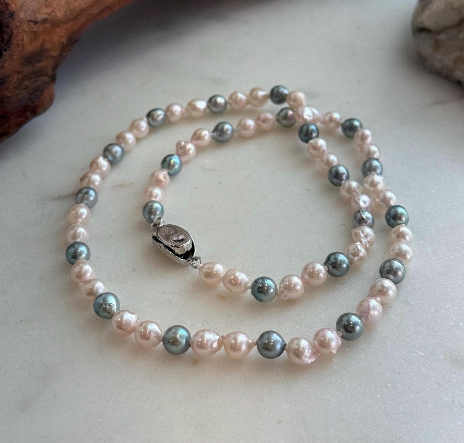 Elly’s 5.6-6.3mm Akoya Pink blue ocean pearls necklace:Extreme luster mirrored, knotted, 18.9”, S925 silver necklace strand.