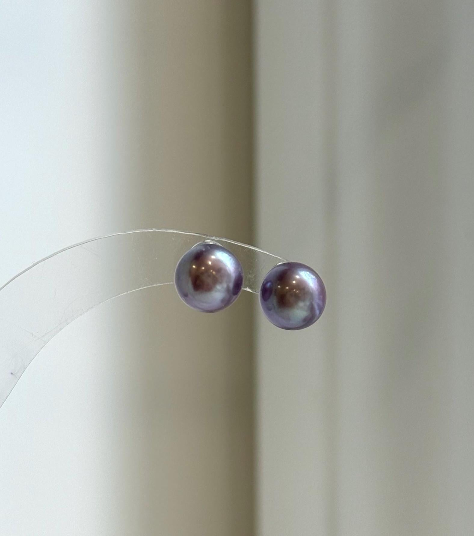 Elly’s 8.8mm Purple Freshwater Pearls Earrings Studs: Extreme luster Mirrored, S925 silver minimalist earrings studs.