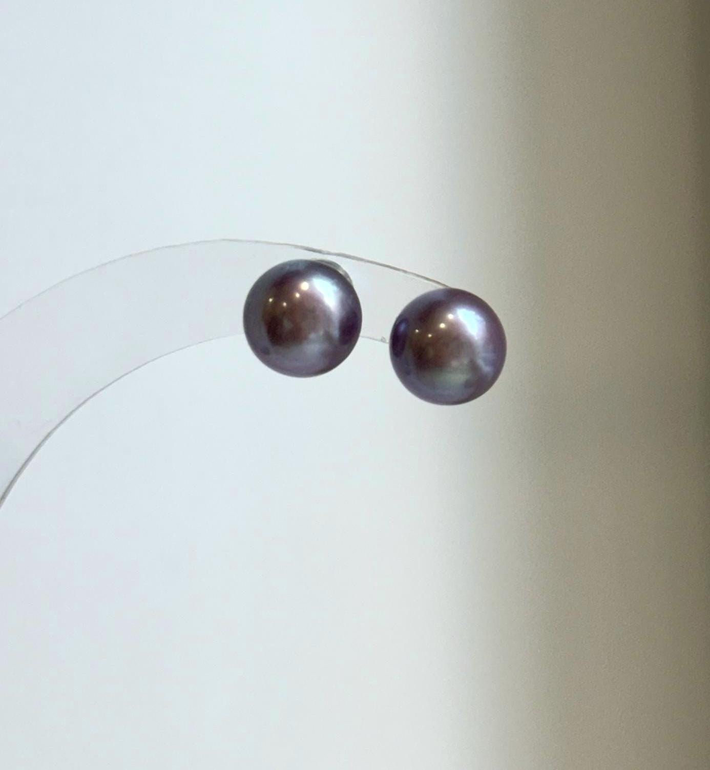 Elly’s 8.8mm Purple Freshwater Pearls Earrings Studs: Extreme luster Mirrored, S925 silver minimalist earrings studs.