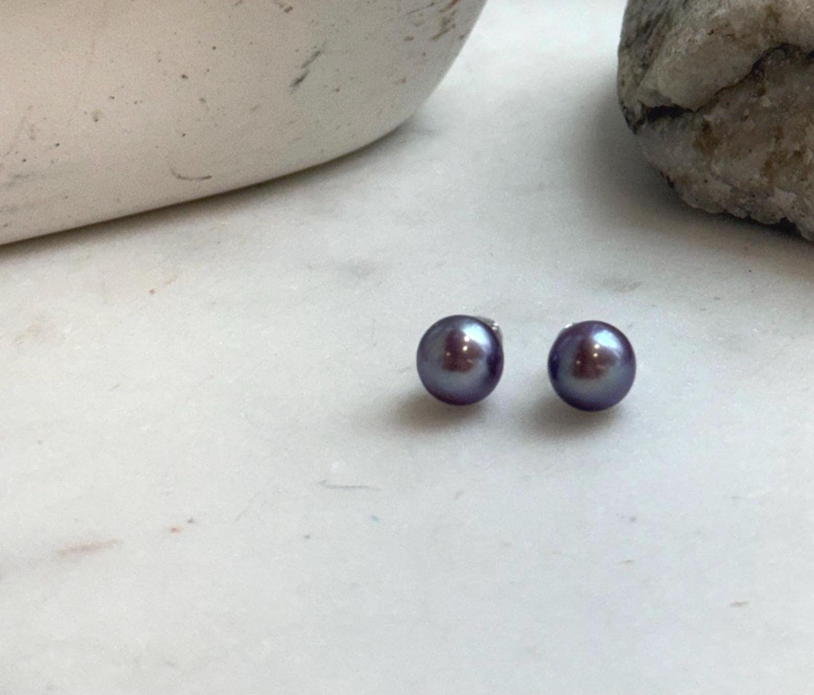 Elly’s 8.8mm Purple Freshwater Pearls Earrings Studs: Extreme luster Mirrored, S925 silver minimalist earrings studs.