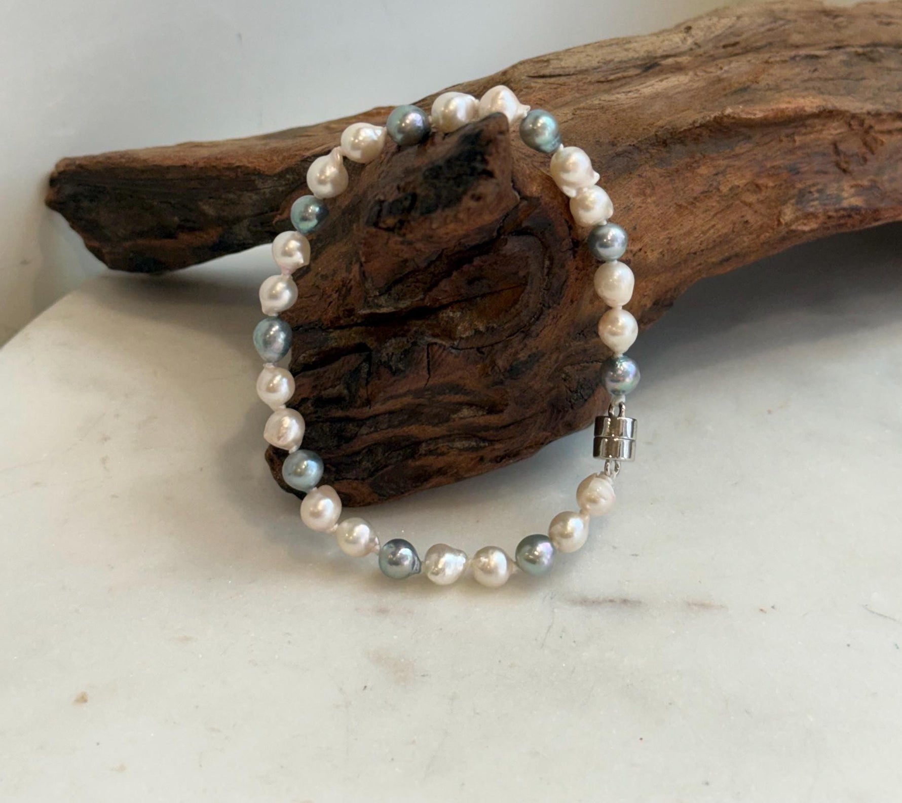 Elly’s 5.5-6mm Akoya Pink blue ocean pearls bracelet:Extreme luster mirrored, knotted, 7.4”, S925 silver bracelet.