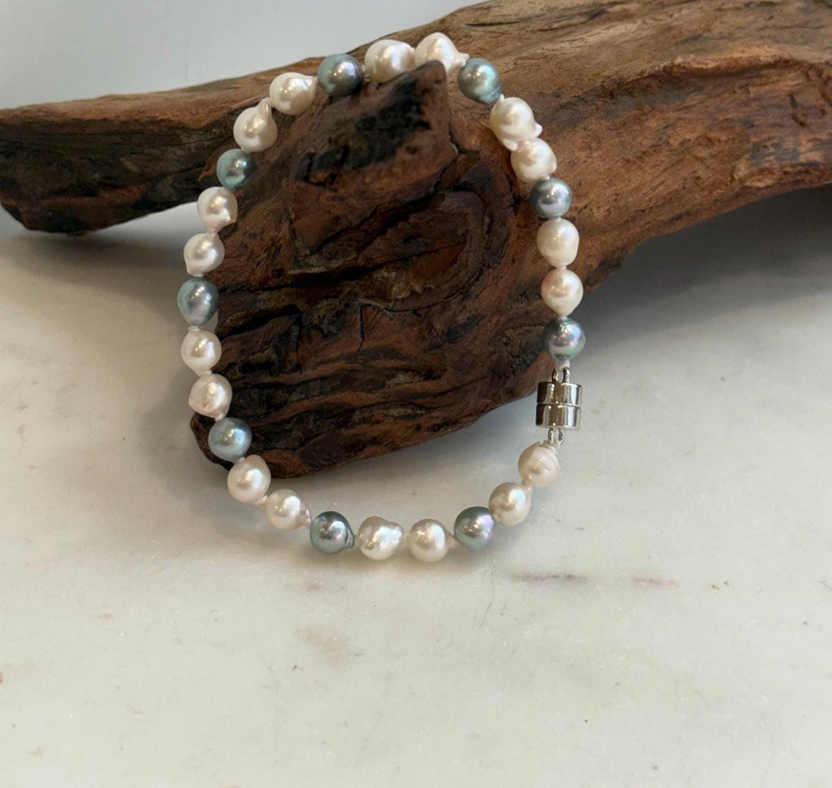 Elly’s 5.5-6mm Akoya Pink blue ocean pearls bracelet:Extreme luster mirrored, knotted, 7.4”, S925 silver bracelet.