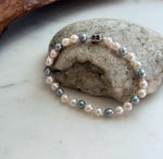 Elly’s 5.5-6mm Akoya Pink blue ocean pearls bracelet:Extreme luster mirrored, knotted, 7.4”, S925 silver bracelet.
